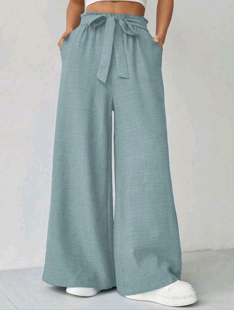 Pantalon Large Taille Haute avec Ceinture Noeud