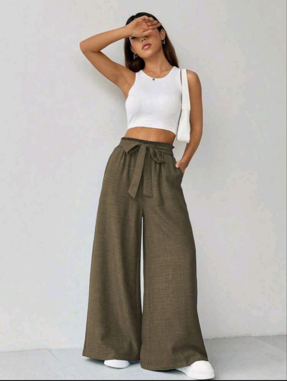 Pantalon Large Taille Haute avec Ceinture Noeud