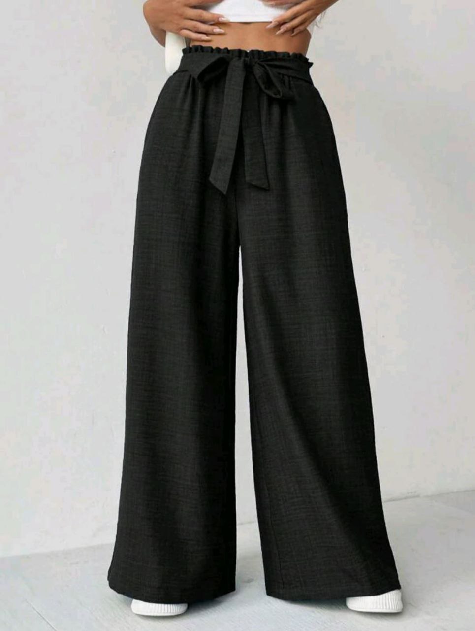 Pantalon Large Taille Haute avec Ceinture Noeud