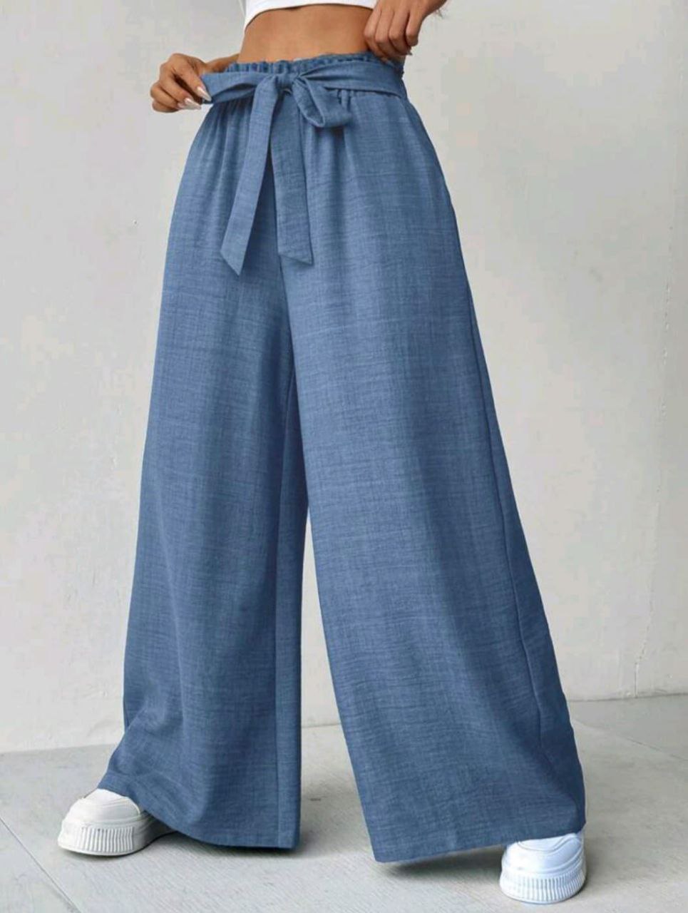 Pantalon Large Taille Haute avec Ceinture Noeud