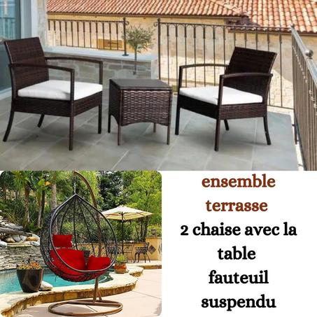 ensemble terrasse  2 chaise avec la table  fauteuil suspendu