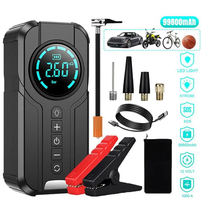 بطارية متنقلة مشغّلة للسيارة بقوة 6600mAh مع منفاخ هواء ومصباح LED — جهاز طوارئ متكامل 4×1