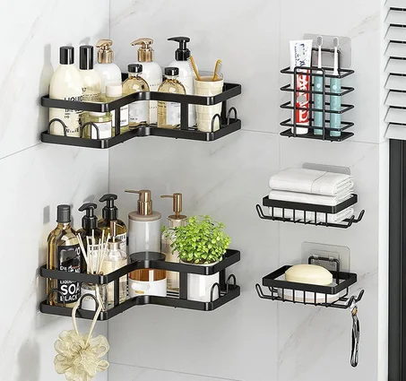 فوف حمّام جدارية بدون حفر – منظم معدني مقاوم للصدأ مع تثبيت لاصق قوي