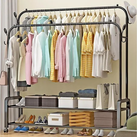 علاقة ملابس مزدوجة معدنية متينةبـ 2 رف -  منظم ملابس و أحدية مزودة بعجلات