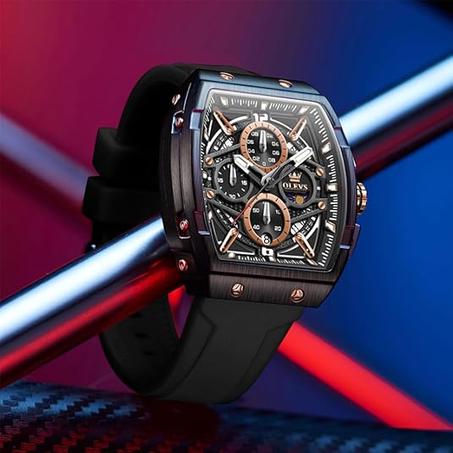 اوليفز ساعات عمل كرونوغراف كبيرة مربعة كوارتز انالوج للرجال بسوار من السيليكون مقاومة للماء لعرض التاريخ - فضي