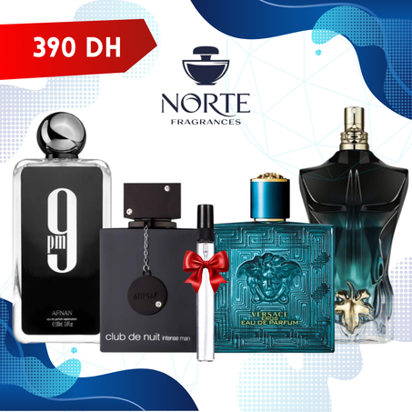 JPG Le Beau Le Parfum 10 ml + Versace Eros EDP 10 ml + Armaf Club de Nuit Intense EDT 10 ml + Afnan 9PM 10 ml + 10 ml Offert