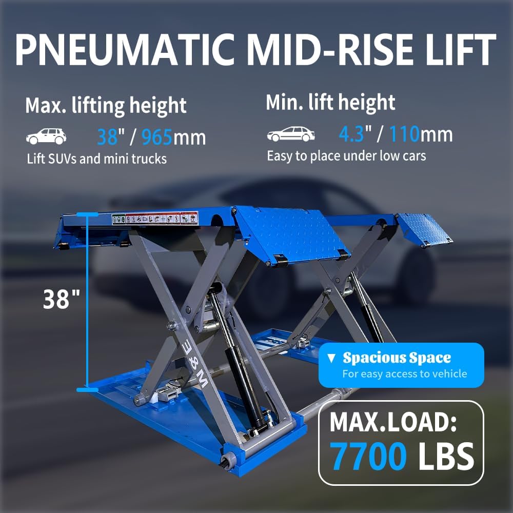 KATOOL ME-8XP Mid-Rise Scissor Lift – 7,700 lb Capacity, 38" Lift Height, 110V Pneumatic Release, Heavy-Duty Design