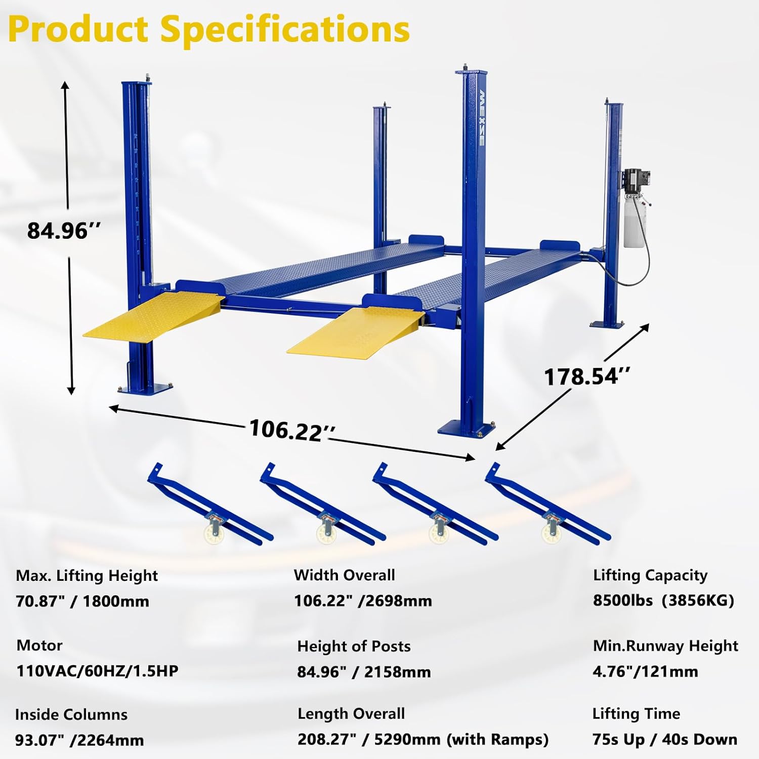 WEIZE 4-Post Car Lift – 8,500 lb Capacity, Hydraulic Parking & Service Lift with Caster Kit, Drip Trays & Jack Tray (110V)
