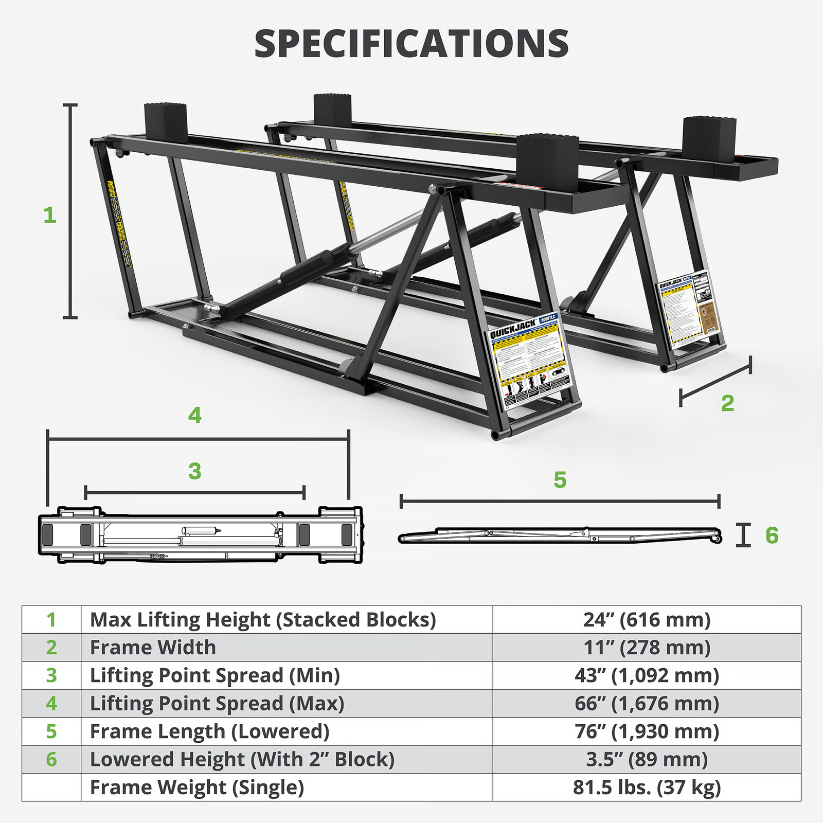QuickJack 6000TLX Portable Car Lift – 6,000 lb Capacity, Extended 76" Frame, 24" Max Lift, Upgraded Hydraulics (110V)