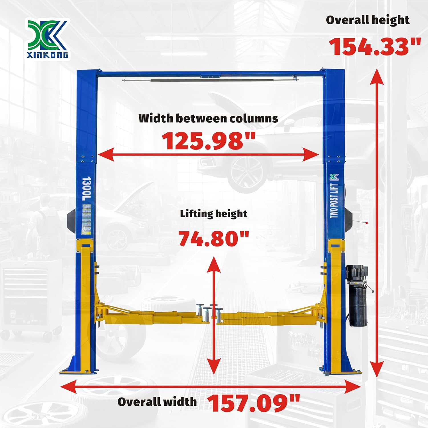 XK-1300L 13,000 lb 2-Post Overhead Car Lift – Heavy-Duty Auto & Truck Hoist, Reinforced Chain, 36-Month Parts Warranty