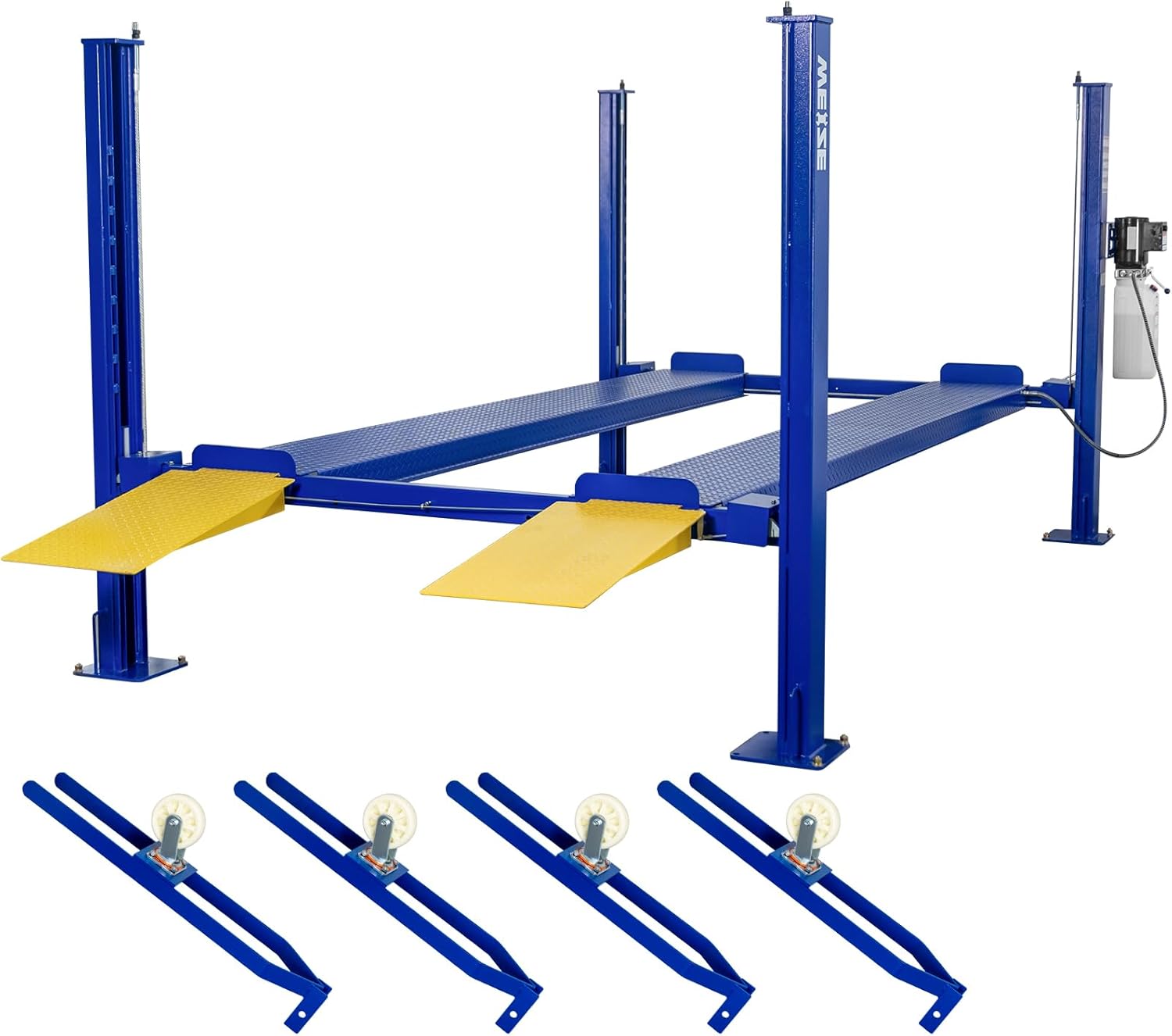 WEIZE 4-Post Car Lift – 8,500 lb Capacity, Hydraulic Parking & Service Lift with Caster Kit, Drip Trays & Jack Tray (110V)