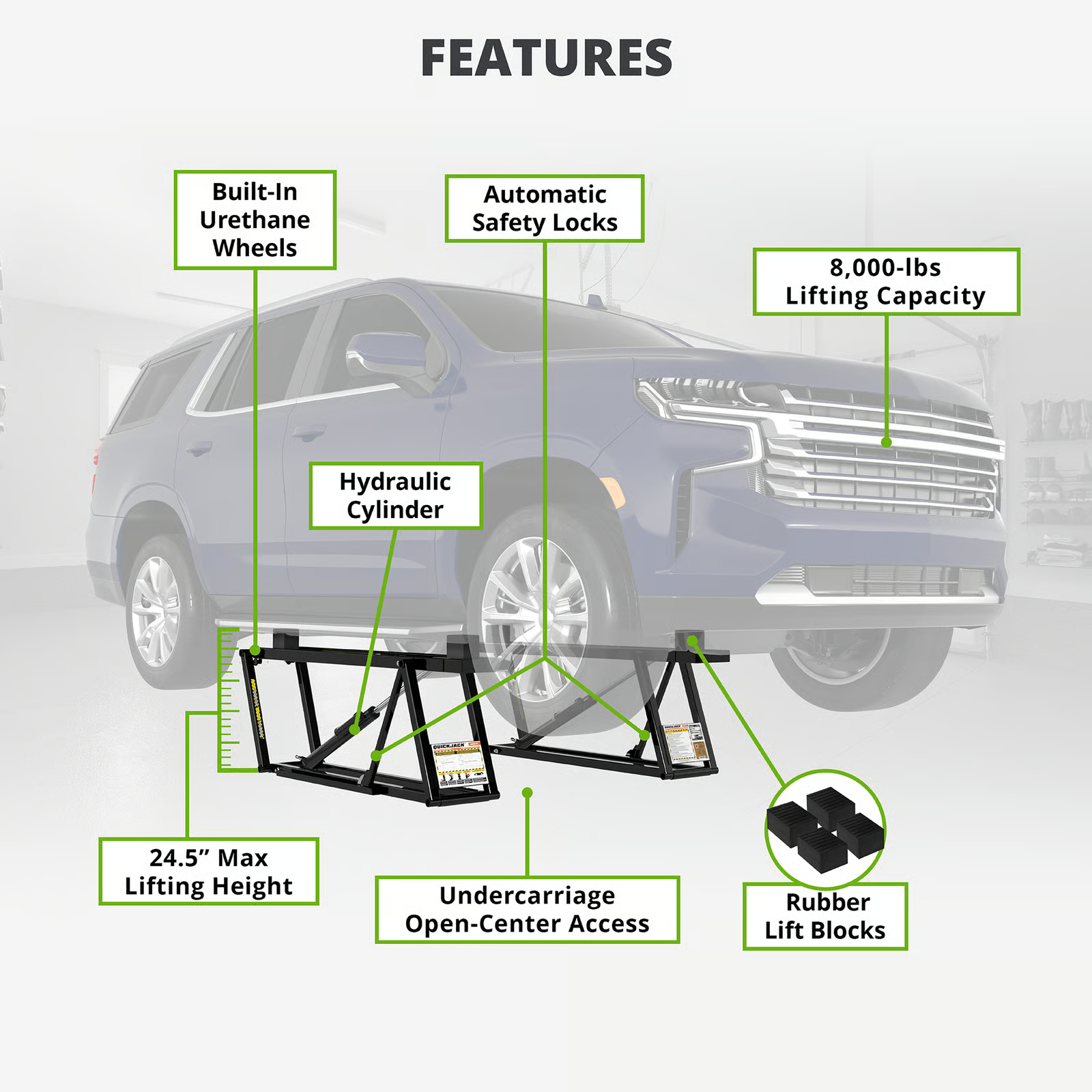QuickJack 8000TL Portable Car Lift Bundle – 8,000 lb Capacity, 24.25" Max Lift, Wall Hangers & SUV/Truck Adapters (110V)