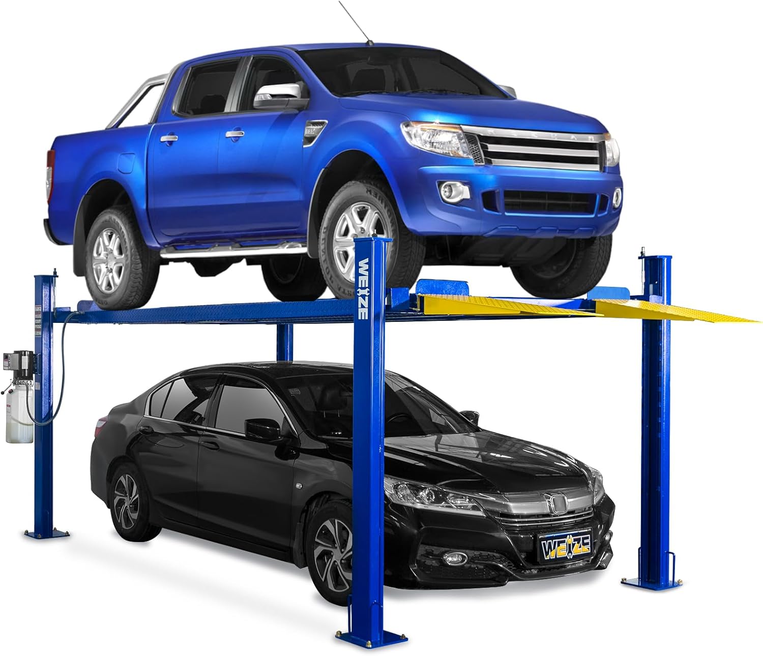 WEIZE 4-Post Car Lift – 8,500 lb Capacity, Hydraulic Parking & Service Lift with Caster Kit, Drip Trays & Jack Tray (110V)