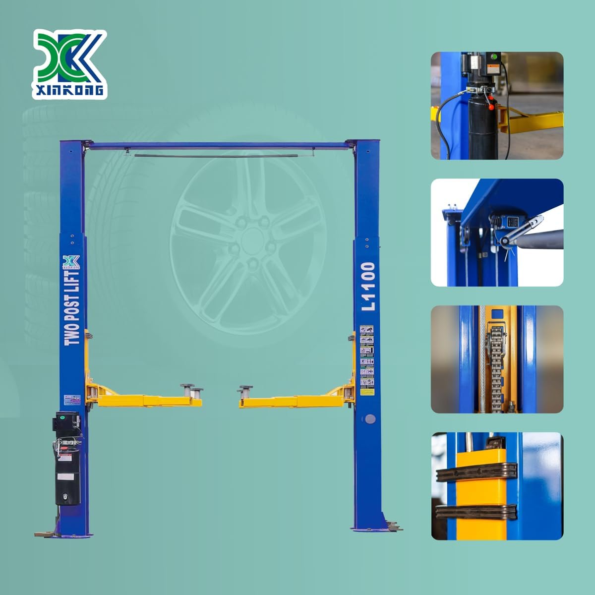 XK-L1100 2-Post Clear Floor Car Lift – 10,000 lb Capacity, 220V 3HP Hydraulic Power, Double-Point Safety Lock, 36-Month Warranty