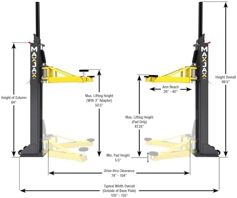 MaxJax M7K Portable 2-Post Car Lift – 7,000 lb Capacity, Quick-Disconnect Hydraulics, BendPak Certified