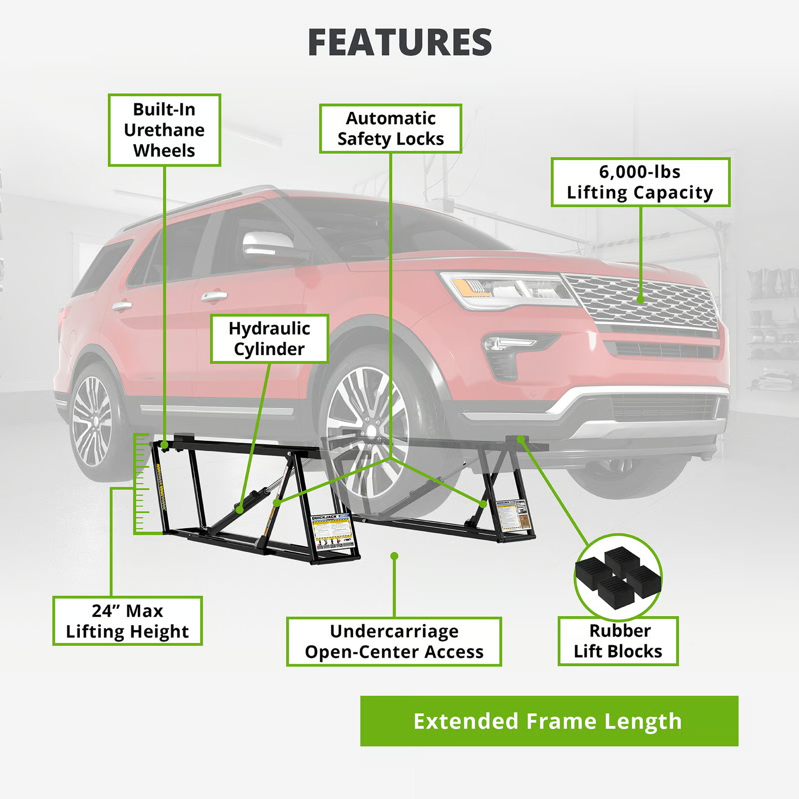 QuickJack 6000TLX Portable Car Lift – 6,000 lb Capacity, Extended 76" Frame, 24" Max Lift, Upgraded Hydraulics (110V)