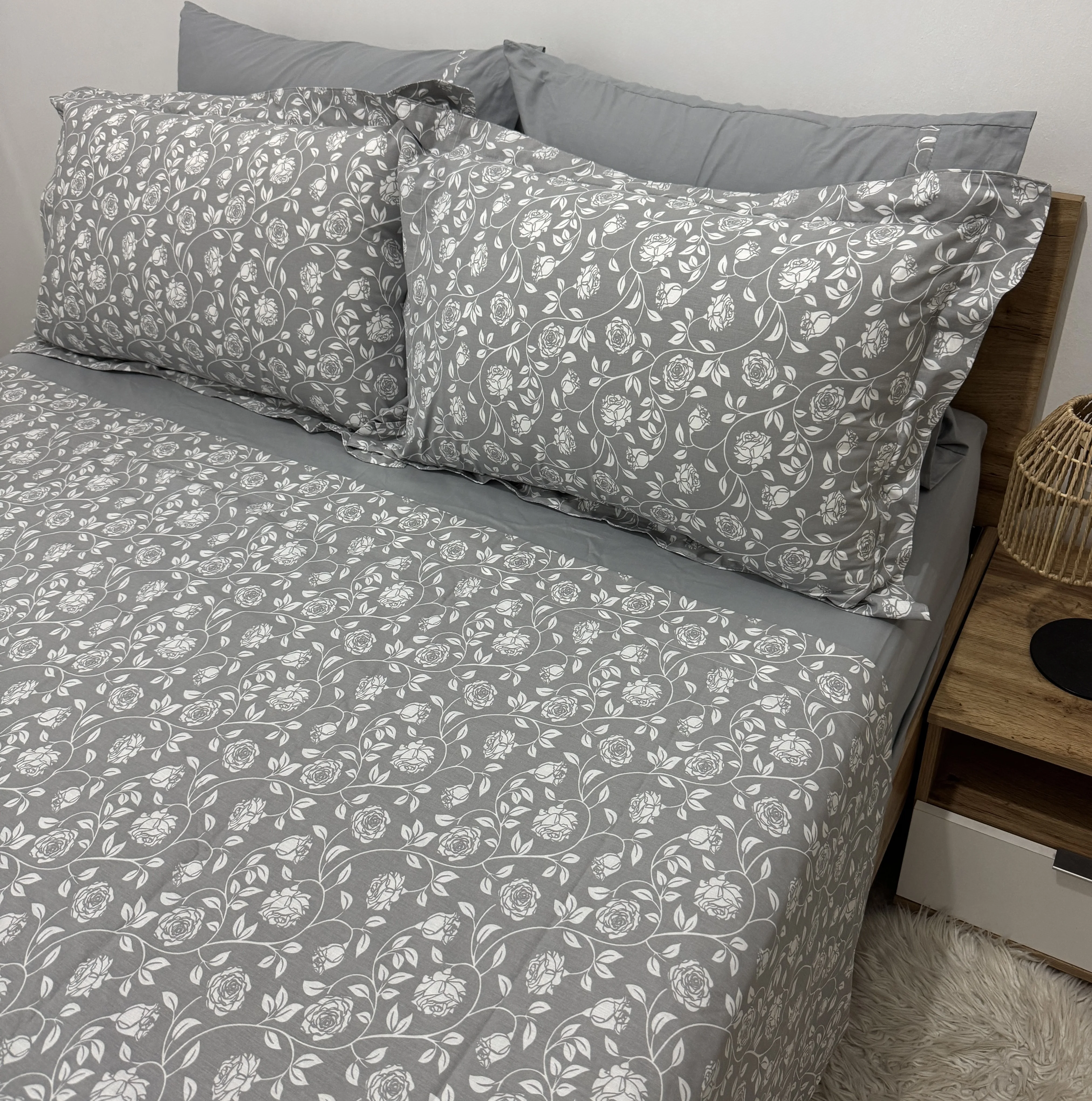 Parure de lit "Grey Bloom" 100% coton Oeko-Tex - 2 places