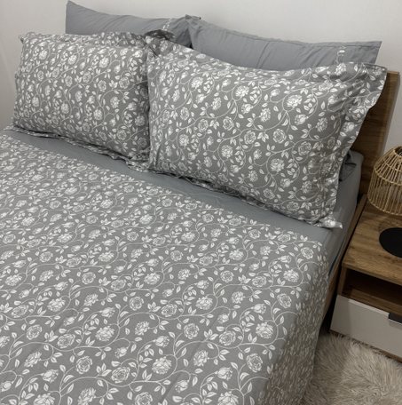 Parure de lit "Grey Bloom" 100% coton Oeko-Tex - 2 places