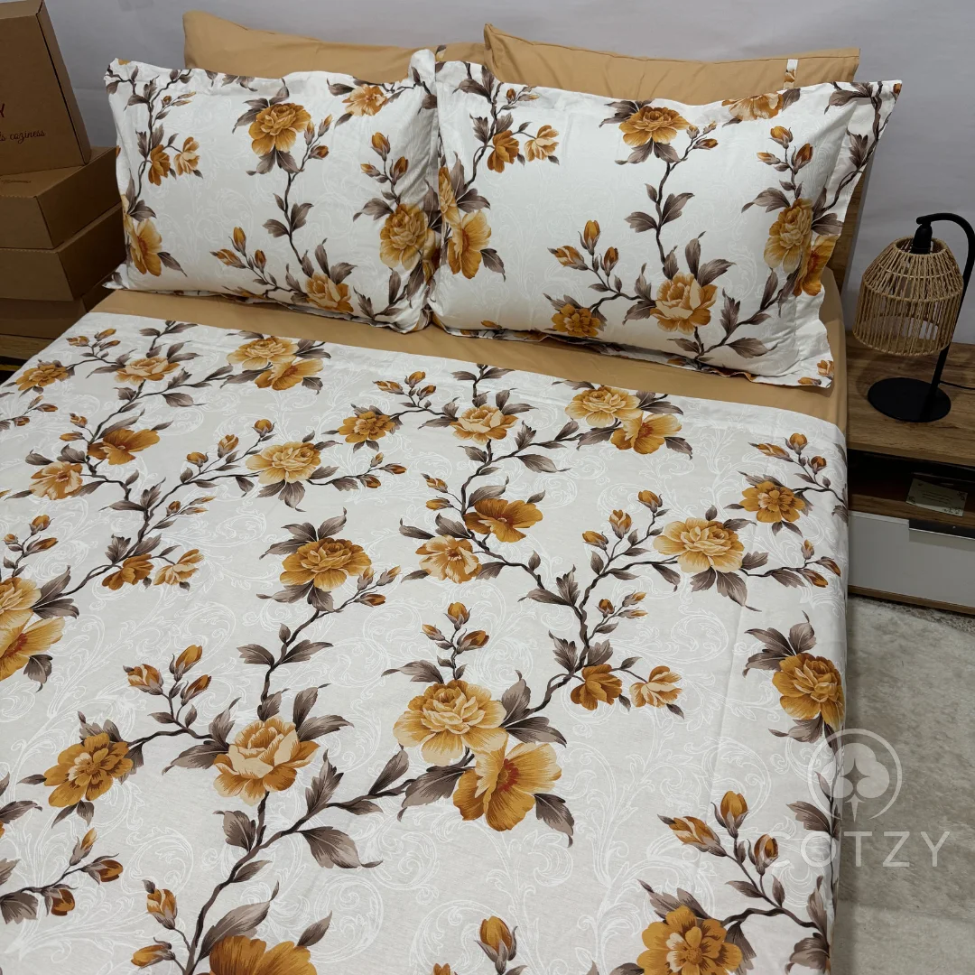Parure drap plat "Caramel Bloom" 100% coton Oeko-Tex - 2 places