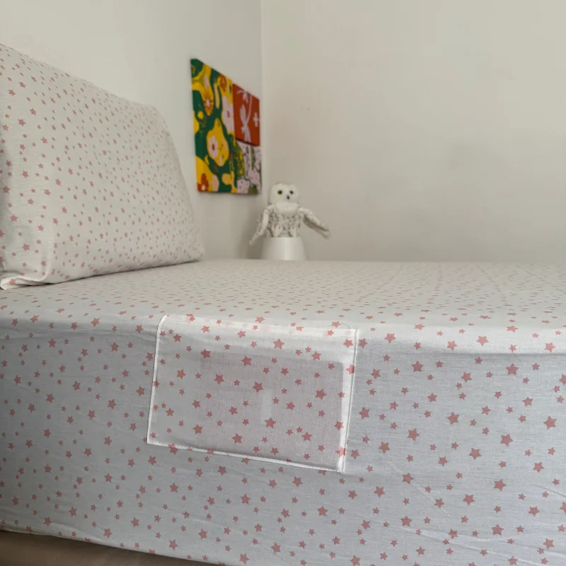 Drap Housse "Etoiles roses" 100% coton Oeko-tex - 90x190x25cm - 2 taies d