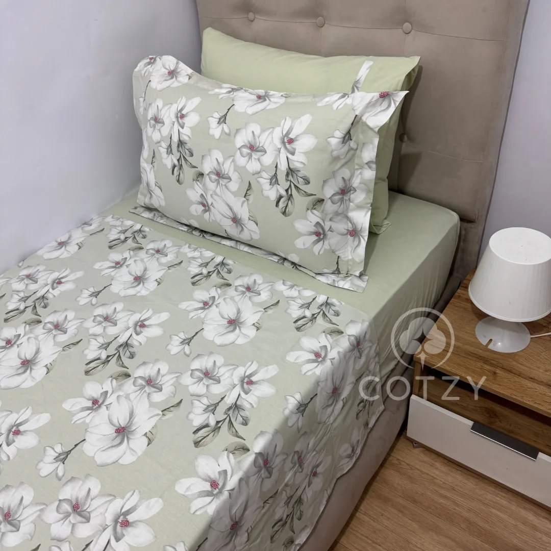 Parure de lit "Mint Blossom" 100% coton Oeko-Tex - 1 place