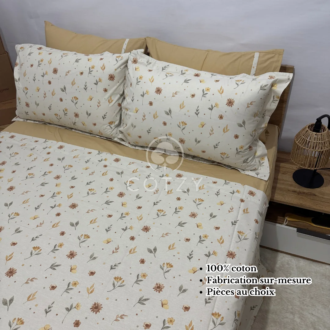 Parure drap plat "Yellow Bloom" 100% coton Oeko-Tex - 2 places