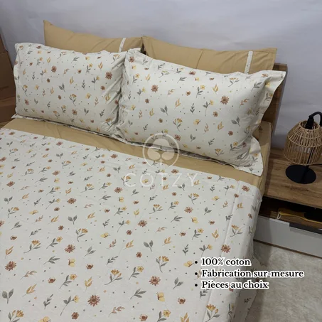 Parure drap plat "Yellow Bloom" 100% coton Oeko-Tex - 2 places