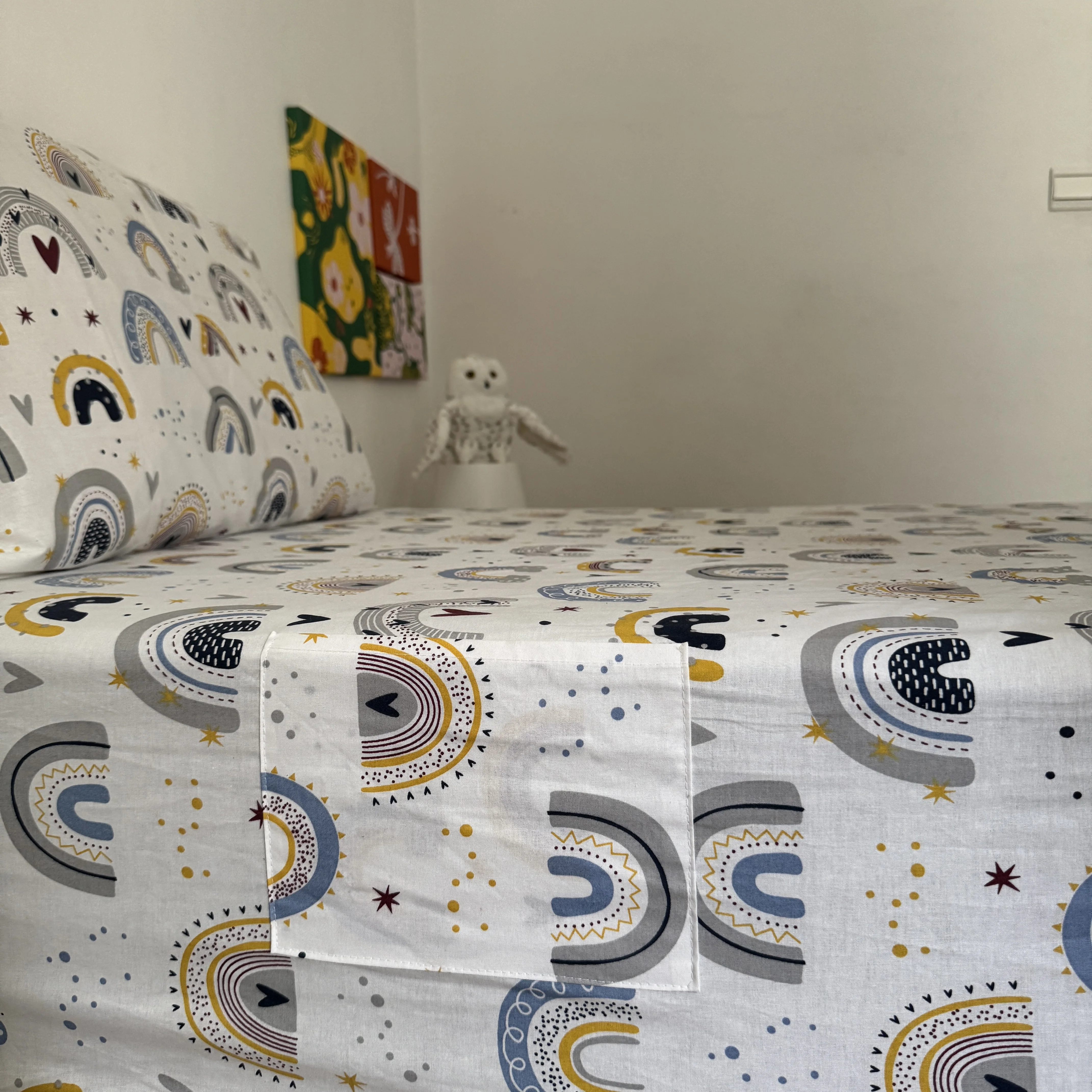 Drap Housse "Arc-en-ciel" 100% coton Oeko-tex - 90x190x25cm - 2 taies d