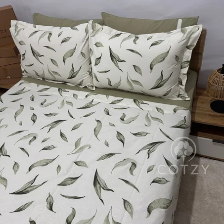 Parure drap plat "Green Leaf" 100% coton Oeko-Tex - 2 places
