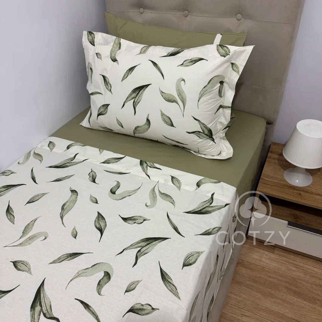 Parure de lit "Green Leaf" 100% coton Oeko-Tex - 1 place sur-mesure
