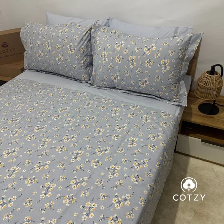 Parure drap plat "Azur Bloom" 100% coton Oeko-Tex - 2 places