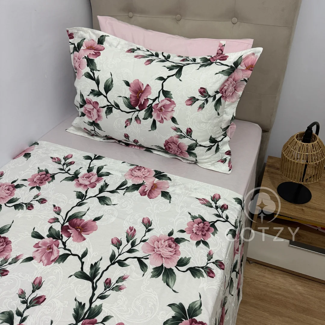 Parure de lit "Rosy Bloom" 100% coton Oeko-Tex - 1 place