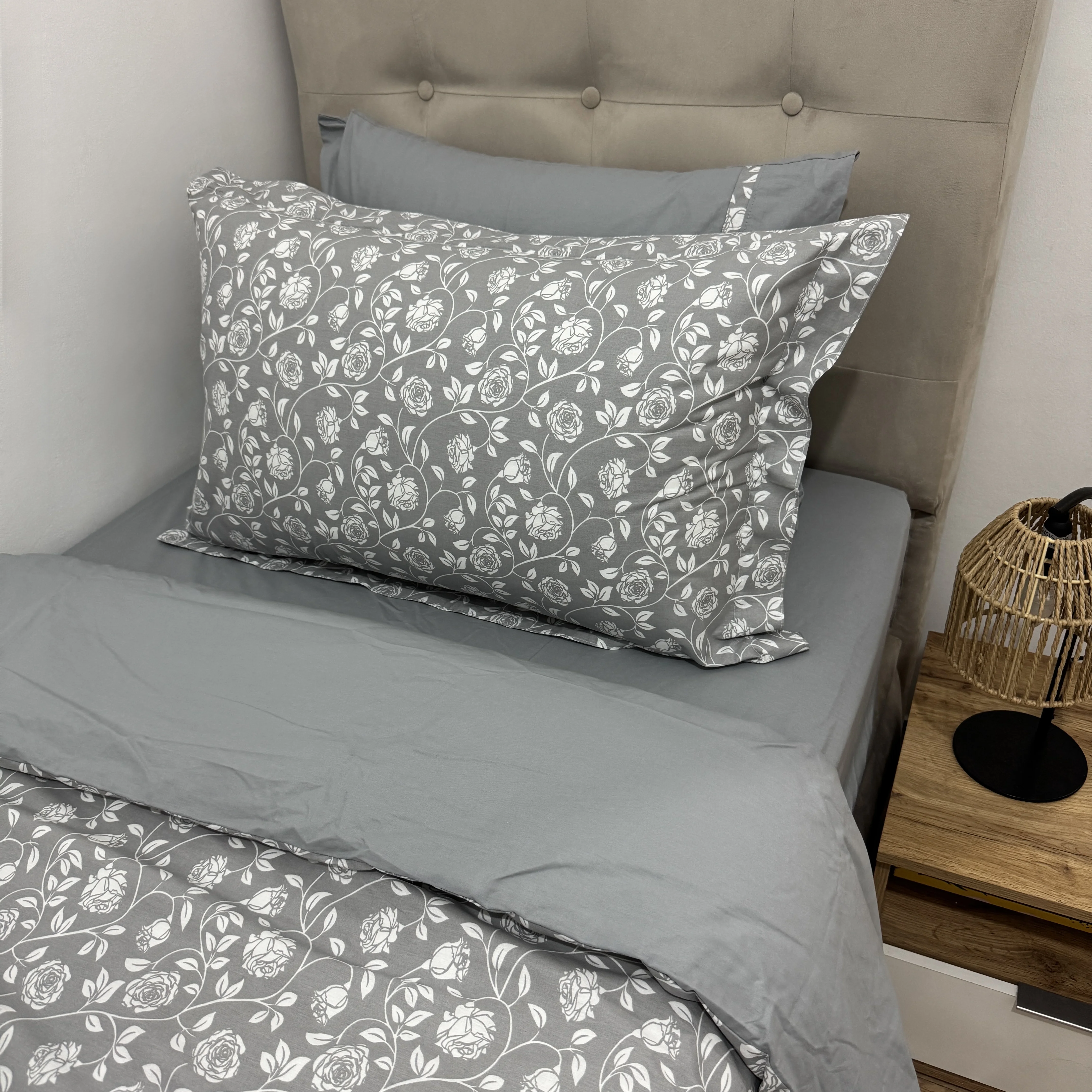 Parure housse de couette "Grey Bloom" 100% coton Oeko-Tex - 1 place