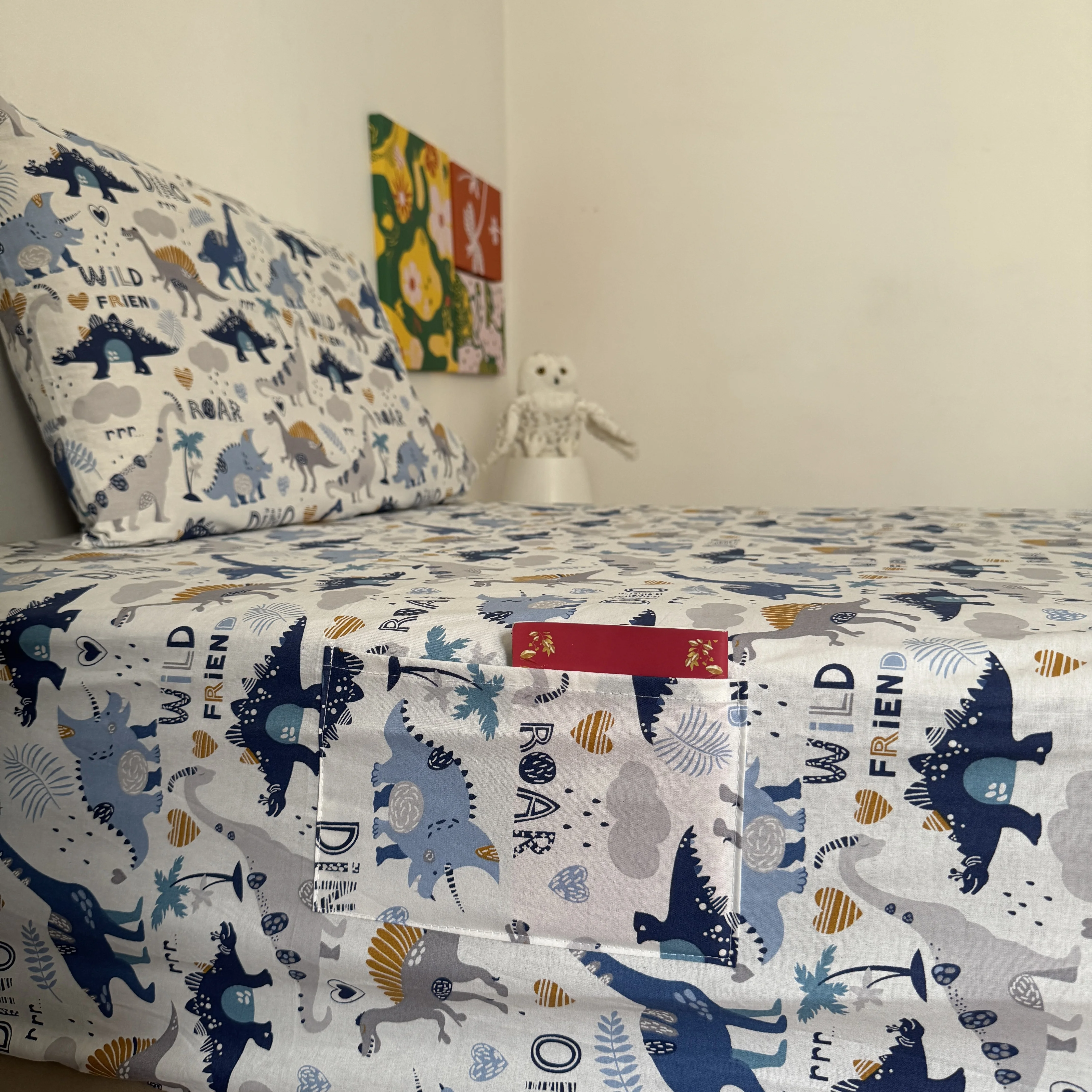 Drap Housse "Dinos" 100% coton Oeko-tex - 90x190x25cm - 2 taies d