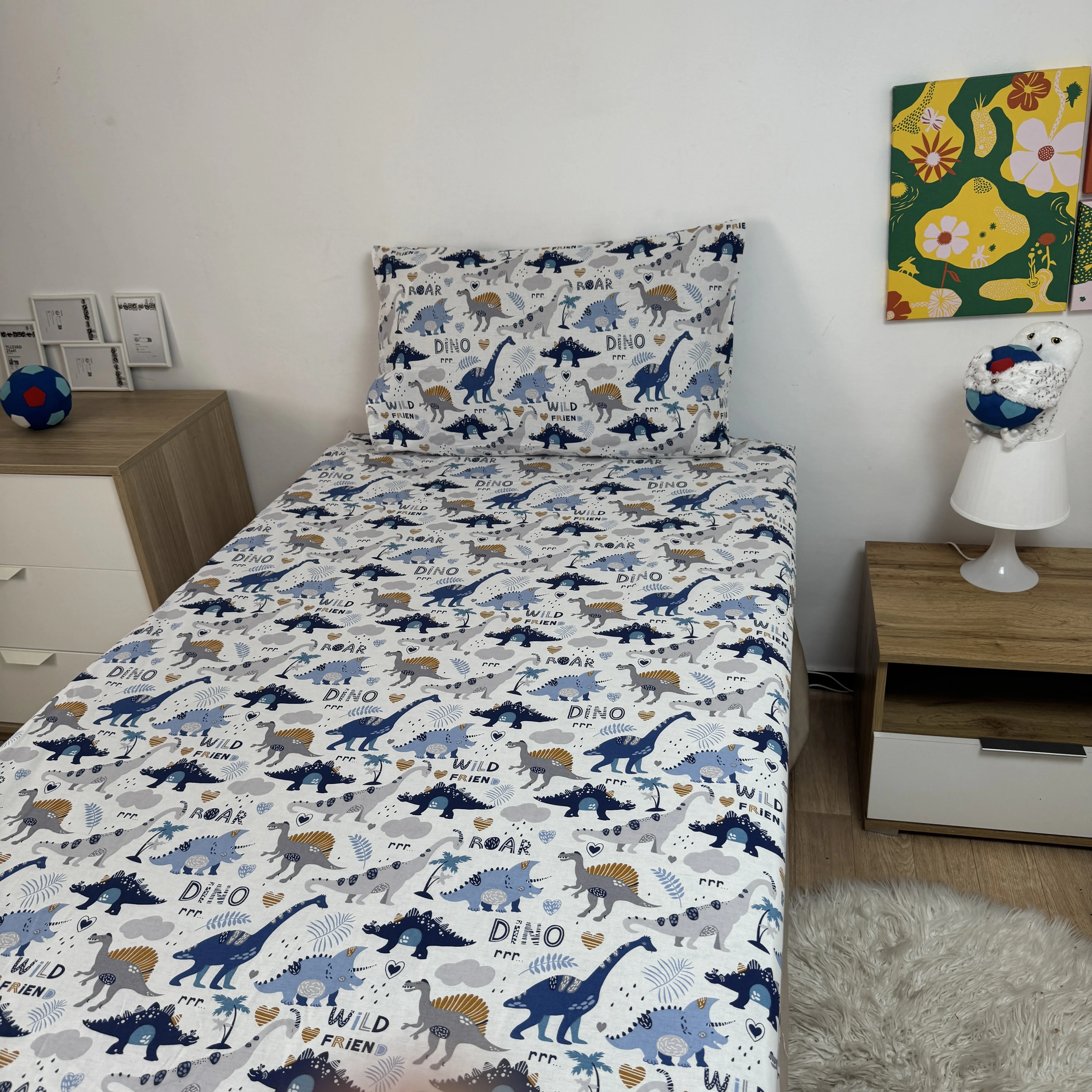 Drap Housse "Dinos" 100% coton Oeko-tex - 90x190x25cm - 2 taies d