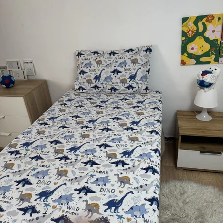 Drap Housse "Dinos" 100% coton Oeko-tex - 90x190x25cm - 2 taies d