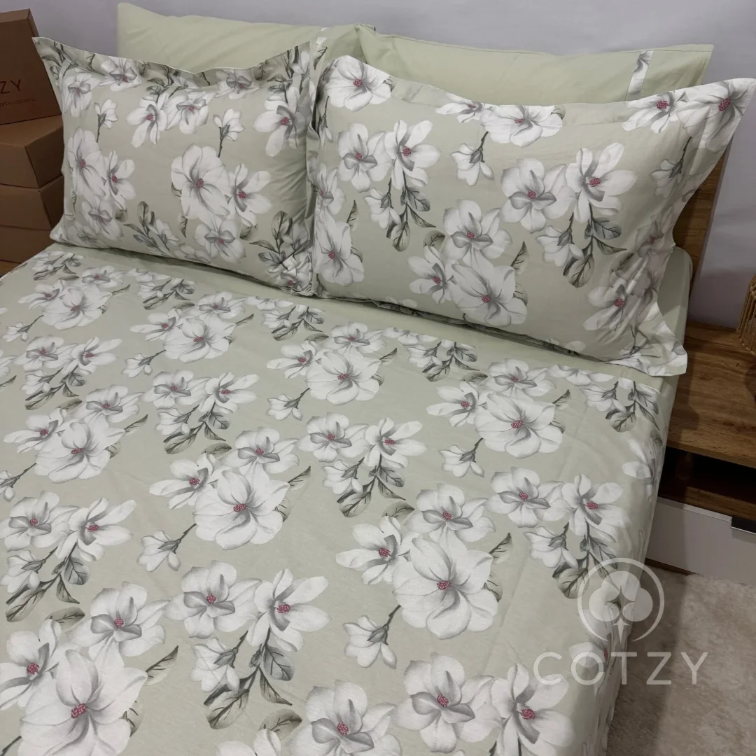 Parure drap plat "Mint Bloom" 100% coton Oeko-Tex - 2 places