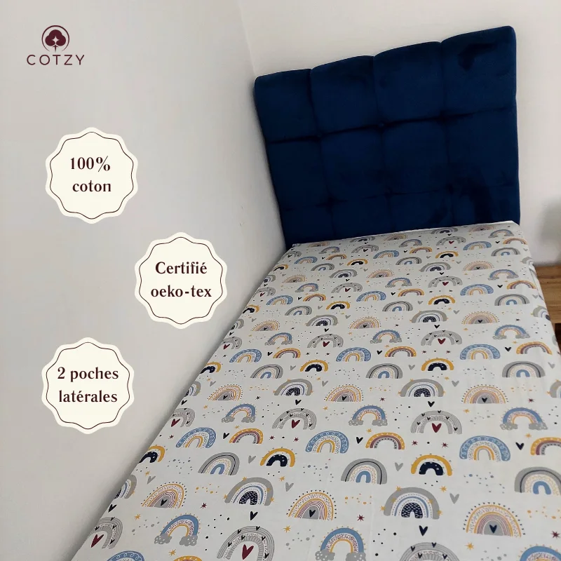 Drap Housse "Arc-en-ciel" 100% coton Oeko-tex - 90x190x25cm - 2 taies d