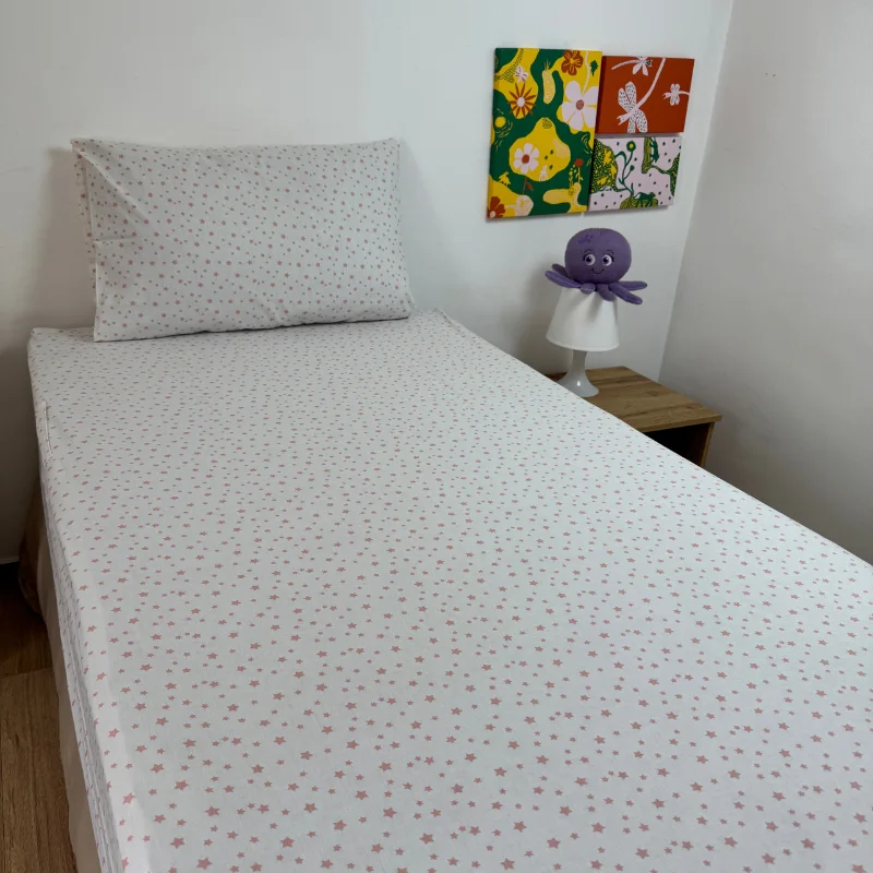 Drap Housse "Etoiles roses" 100% coton Oeko-tex - 90x190x25cm - 2 taies d