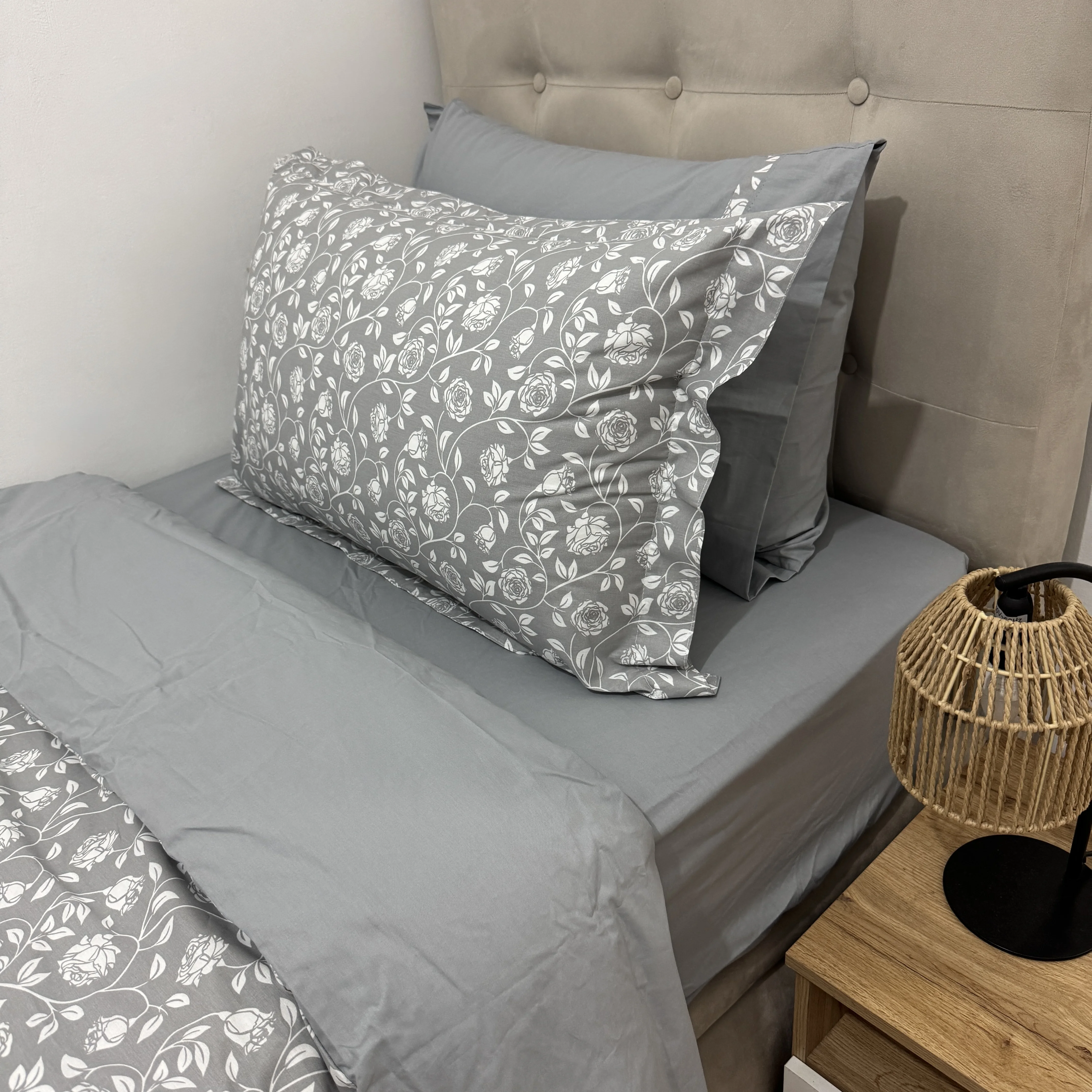 Parure housse de couette "Grey Bloom" 100% coton Oeko-Tex - 1 place