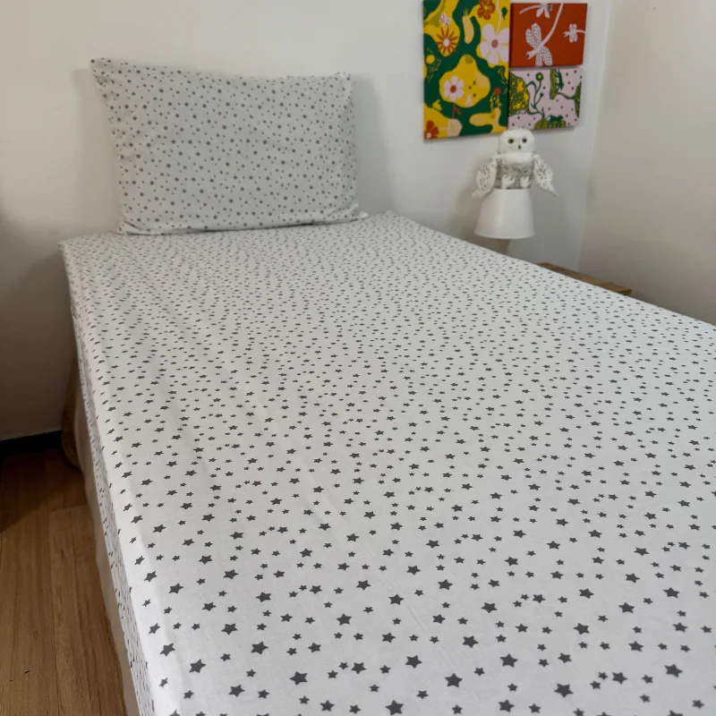Drap Housse "Etoiles grises" 100% coton Oeko-tex - 90x190x25cm - 2 taies d