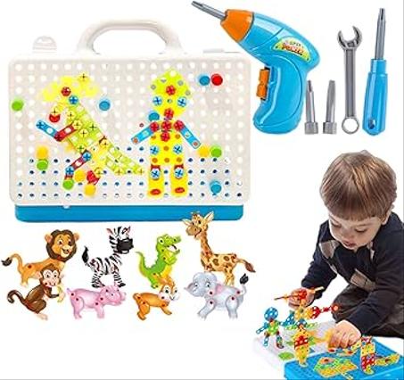 مجموعة مكعبات بناء مع لعبة مثقاب ومفك براغي