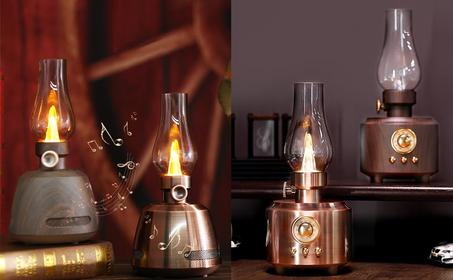 مكبر صوت بلوتوث محمول مع تعديل السطوع، صندوق صوت قديم، ضوء شمعة عتيق، ديكور منزل(نحاسي و مع حبيبات خشبية)ي Aste