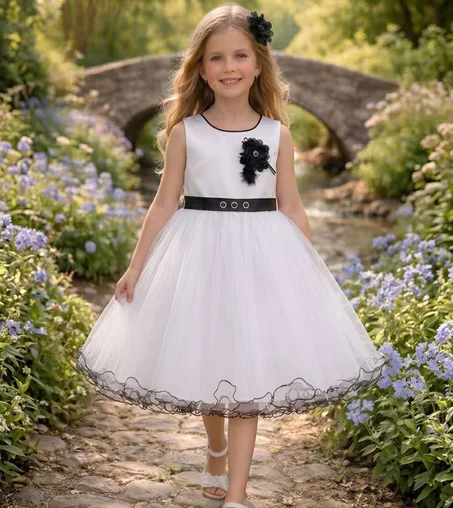 فستان بناتي أبيض أنيق بتفاصيل سوداء