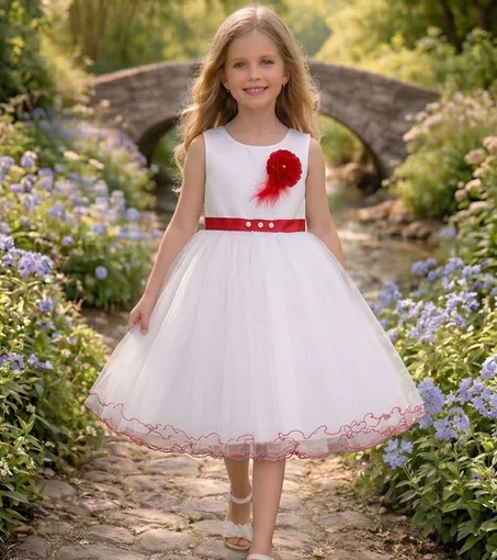 فستان بناتي أبيض أنيق بتفاصيل حمراء