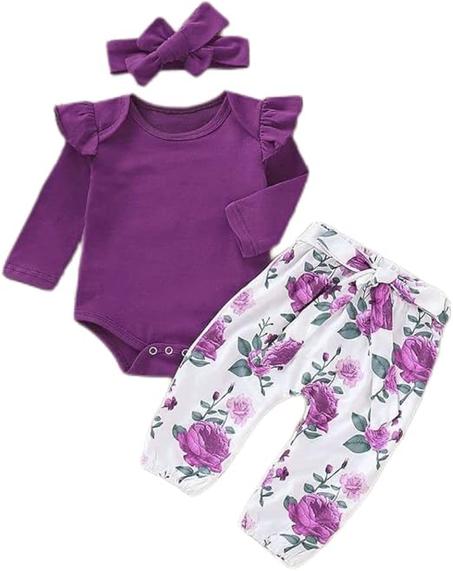 Ropa para bebé niña recién nacida, conjunto de mameluco de manga larga con volantes, pantalones florales y diadema.