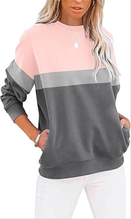 TICTICMIMI - Sudadera informal de manga larga con cuello redondo, diseño de bloques de color y lisos para mujer, holgada y bonita, con bolsillos