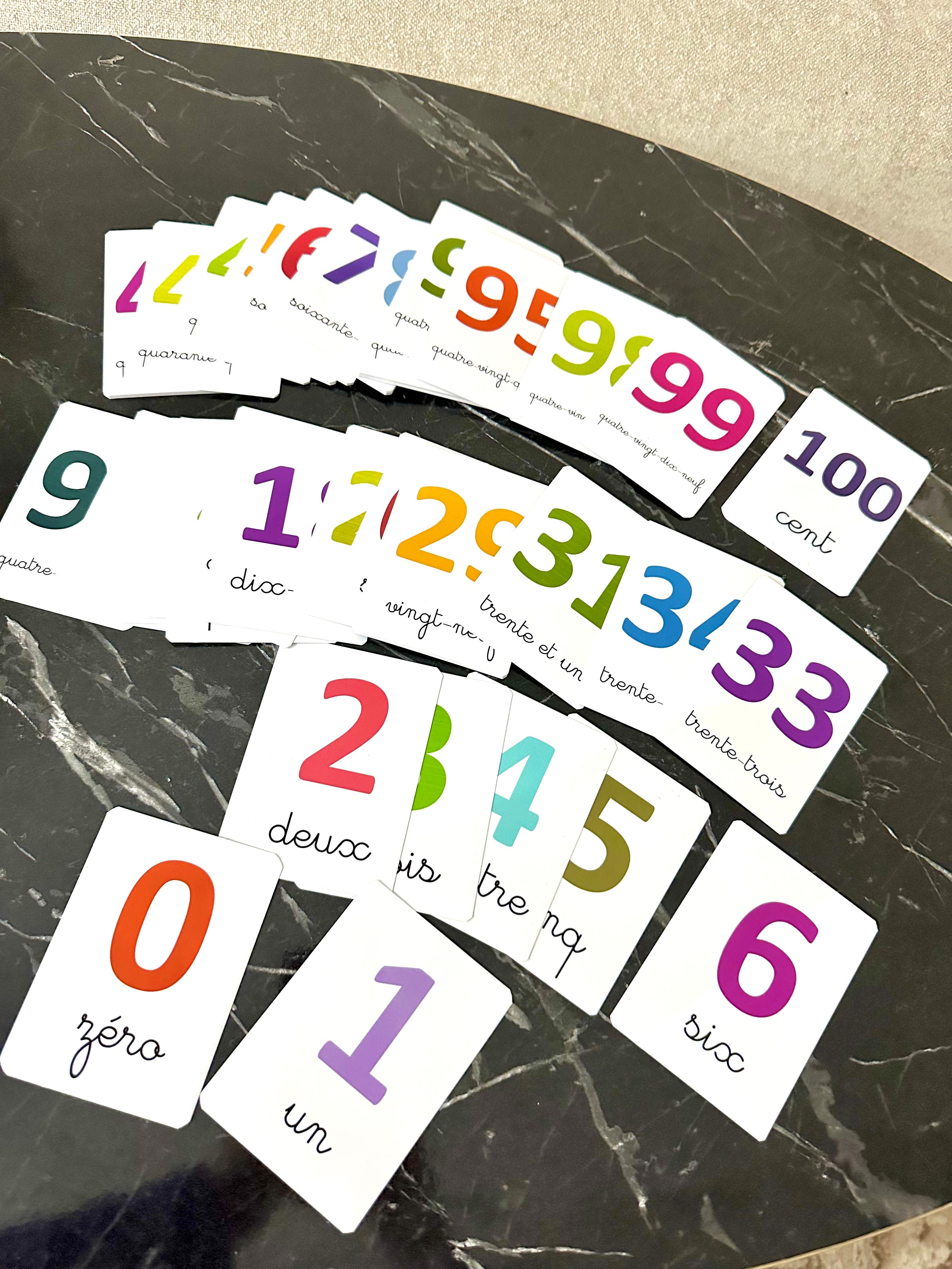 Cartes éducatives colorées des chiffres de 0 à 100 - Français