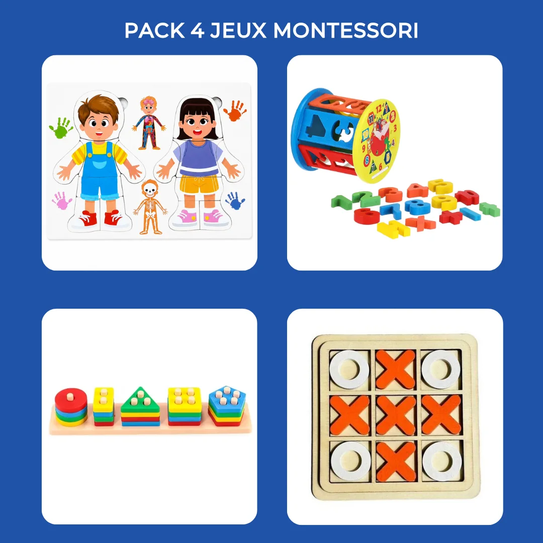 Pack 4 Jeux Montessori en Bois - Motricité, Logique & Découverte