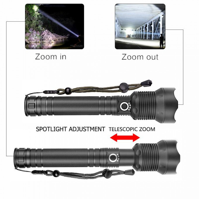 مصباح LED قوية و زوومابل مع 100000 شمعة قابلة للشحن